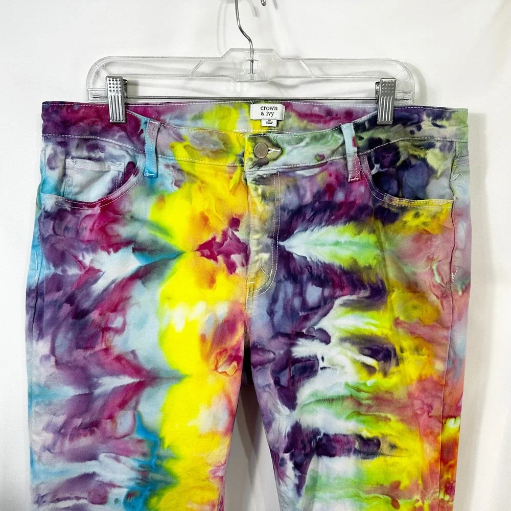 Crown & Ivy Sz 16 Capri Jeans‎ Handmade Tie Dye Denim Yellow Purple Raw Hem 1478